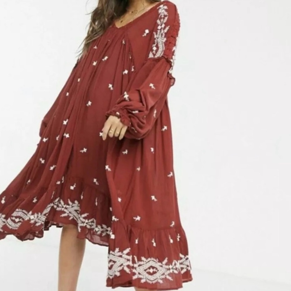 Free People Oversized Burnt Orange Embroidered Long Sleeve Dress